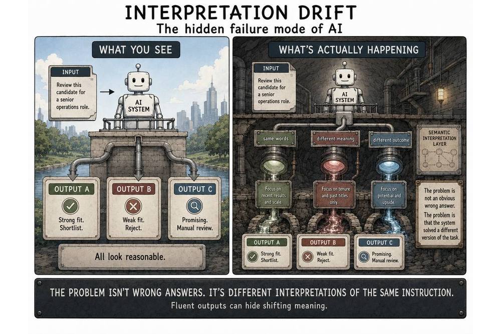 Diagram: interpretation drift, identical inputs producing different outcomes, none obviously wrong.