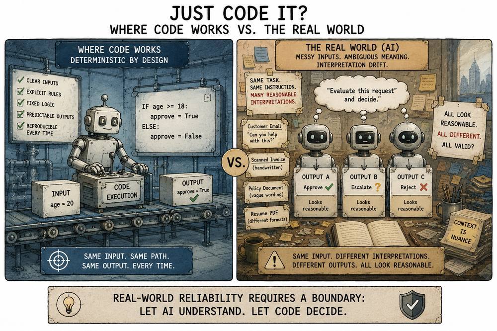 Diagram: why 'just code it' fails, code works on structured input; real-world inputs are messy.