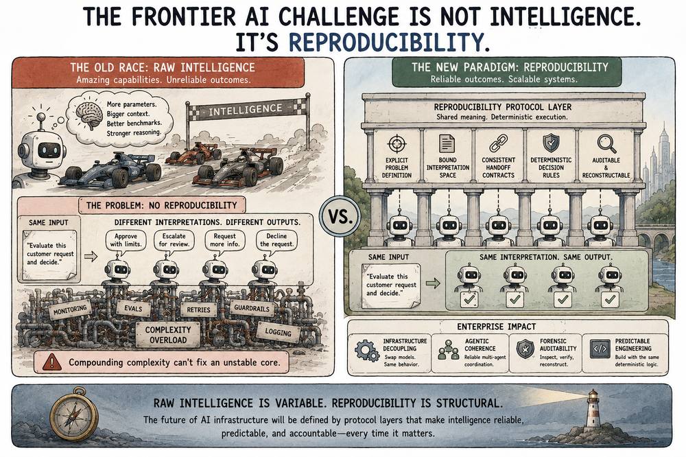 Diagram: the frontier AI challenge is reproducibility, the same governed decision, every time it matters.